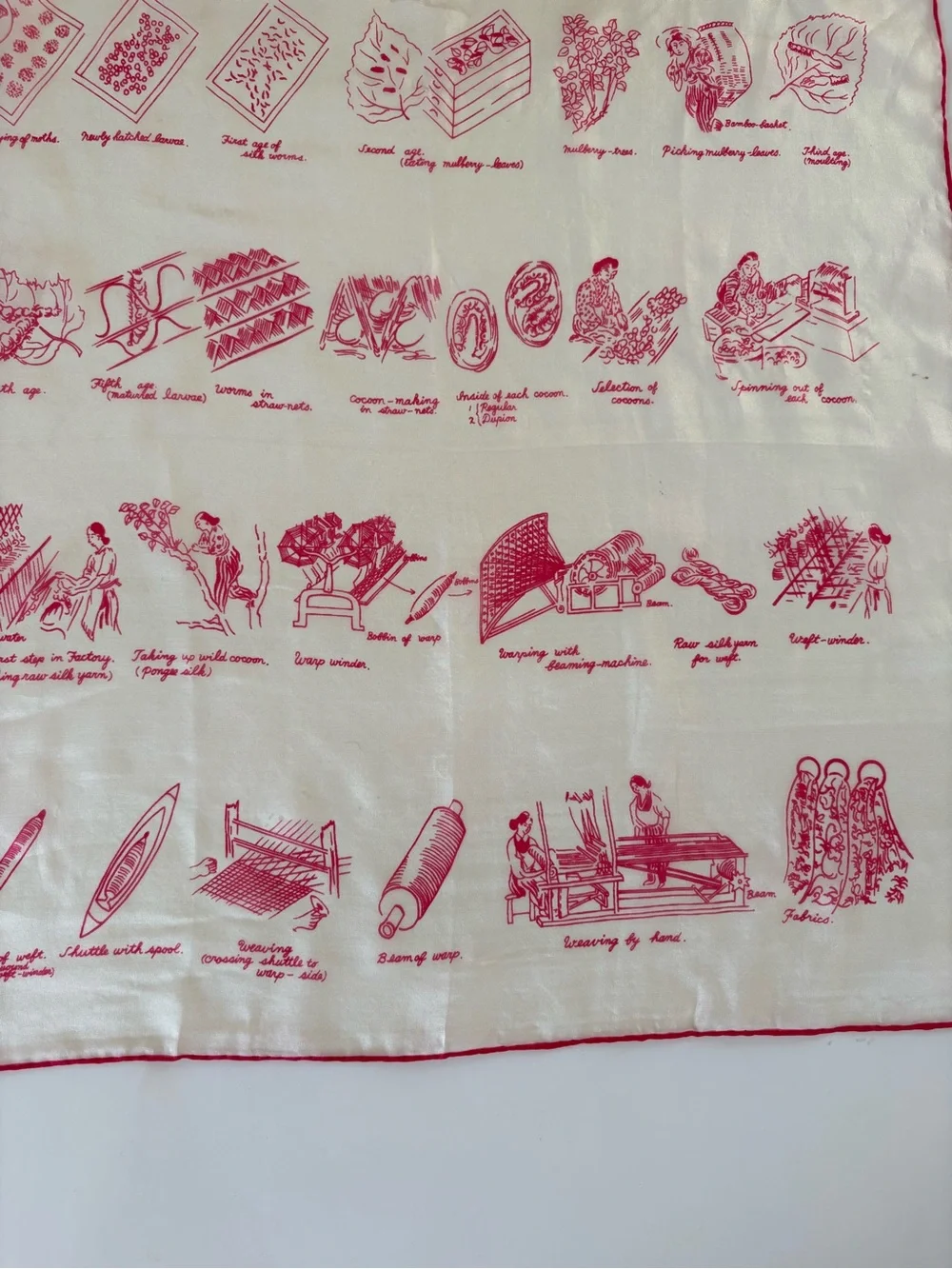 VNTG Story Of Silk White Pink Novelty Print Handkerchief Scarf Silkworm Artsy